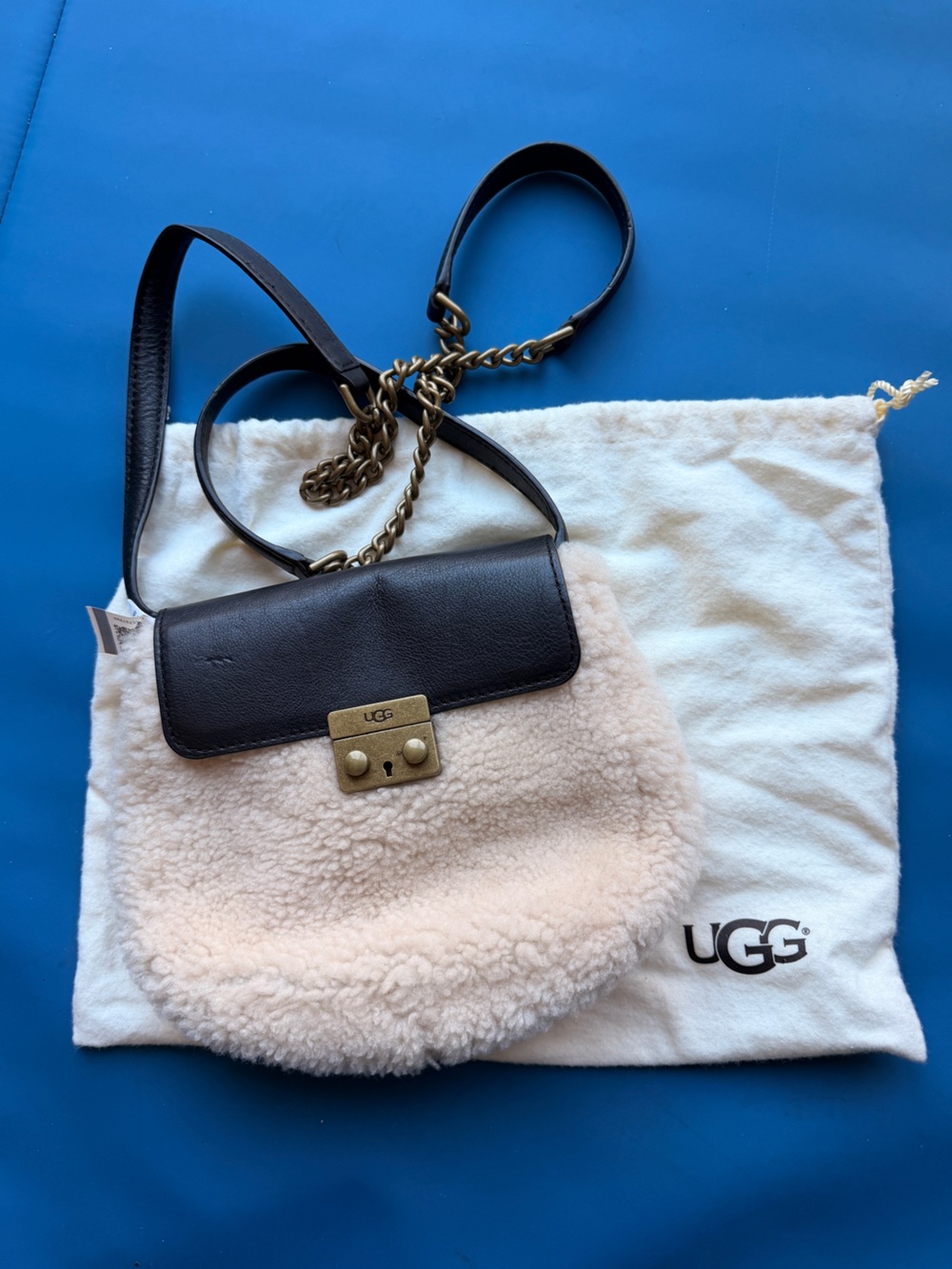 UGG Shearling Leather Crossbody Bag Cream Black Chain Strap